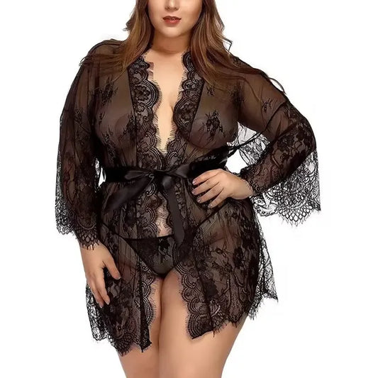 Sexy Plus Size Lingerie Nightgown See Through Mini Lace Robe Skirt Floral Long Sleeve Wedding Bathrobe Nightdress Set