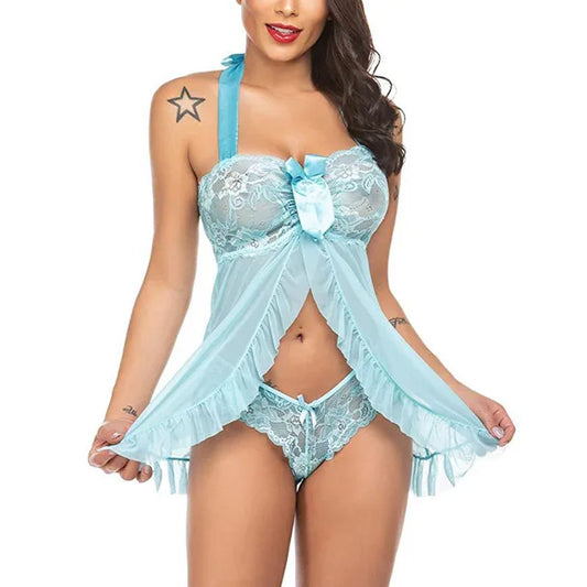 Porno Women Sexy Lingerie Lace Dress with Panty Two Piece Set Babydoll Underwear Sexual Lingerie Exotic Apparel