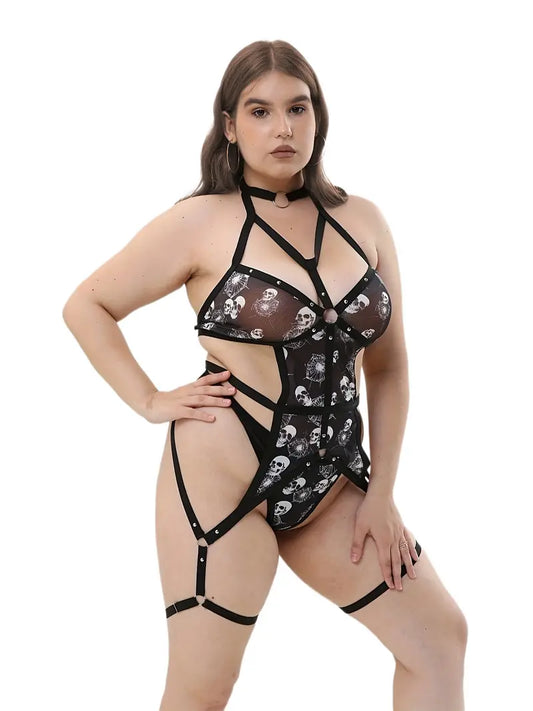 Women's Gothic Lingerie Set, Plus Size Skull & Spiderweb Print Ring Linked Studded Harness Gartered Bodysuit & Thong Lingerie 2 Piece Set