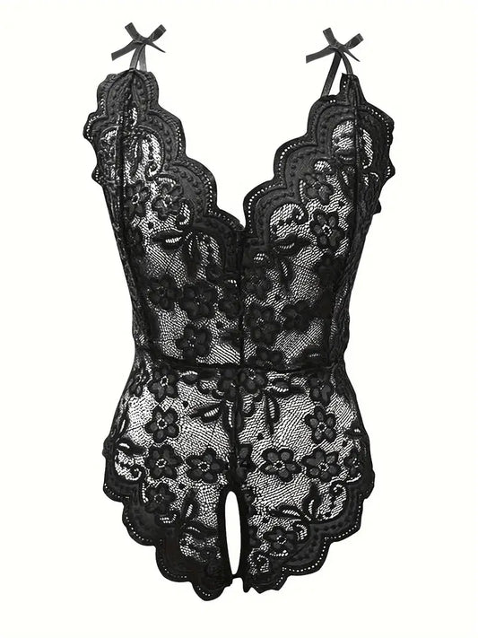 Black Crotchless One Piece Deep V Teddy Floral Lace