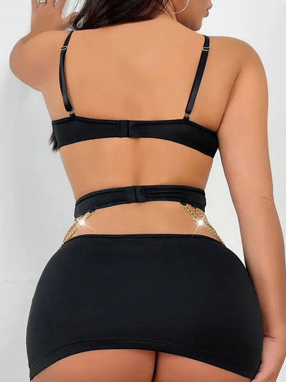 Solid Chain-Linked Backless Lingerie Set