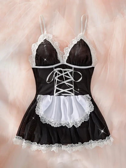 Semi Sheer Lace Trimmed Maid Cosplay Costume, Ribbon Lace Up Sexy Babydoll Dress, Women's Erotic Lingerie & Nightgown