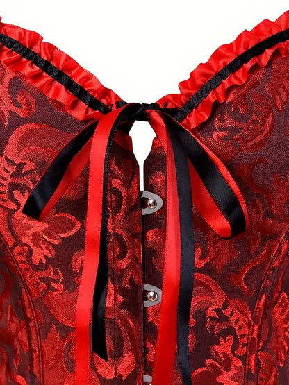 Lace Up Corset Bustier with Ruffle Straps - Tummy Control Jacquard Body Shaper for Women's Lingerie & Shapewear