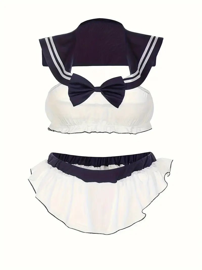 Carnaval Naughty Preppy Cosplay Costume, Colorblock Lettuce Trim Crop Cami Top & Pleated Skirt, Women's Sexy Lingerie & Underwear