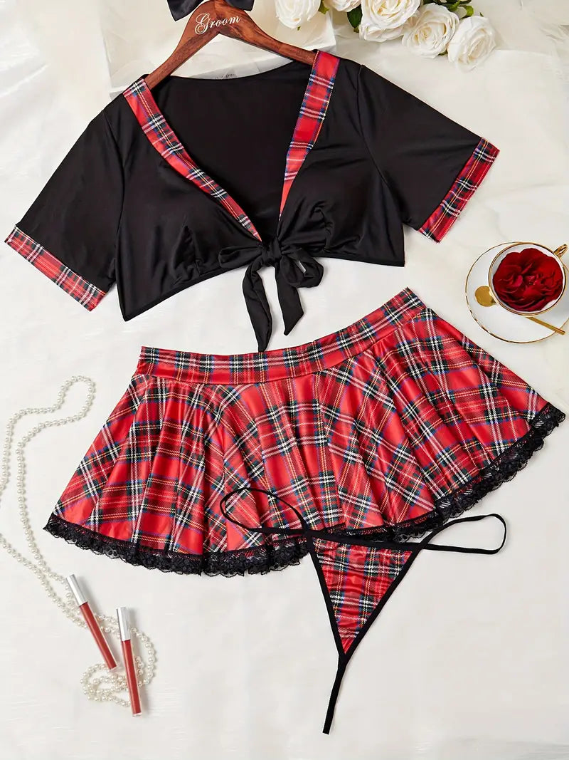 Plaid Print Tie Front Crop Top & Pleated Contrast Lace Panel Skirt Roleplay Costumes