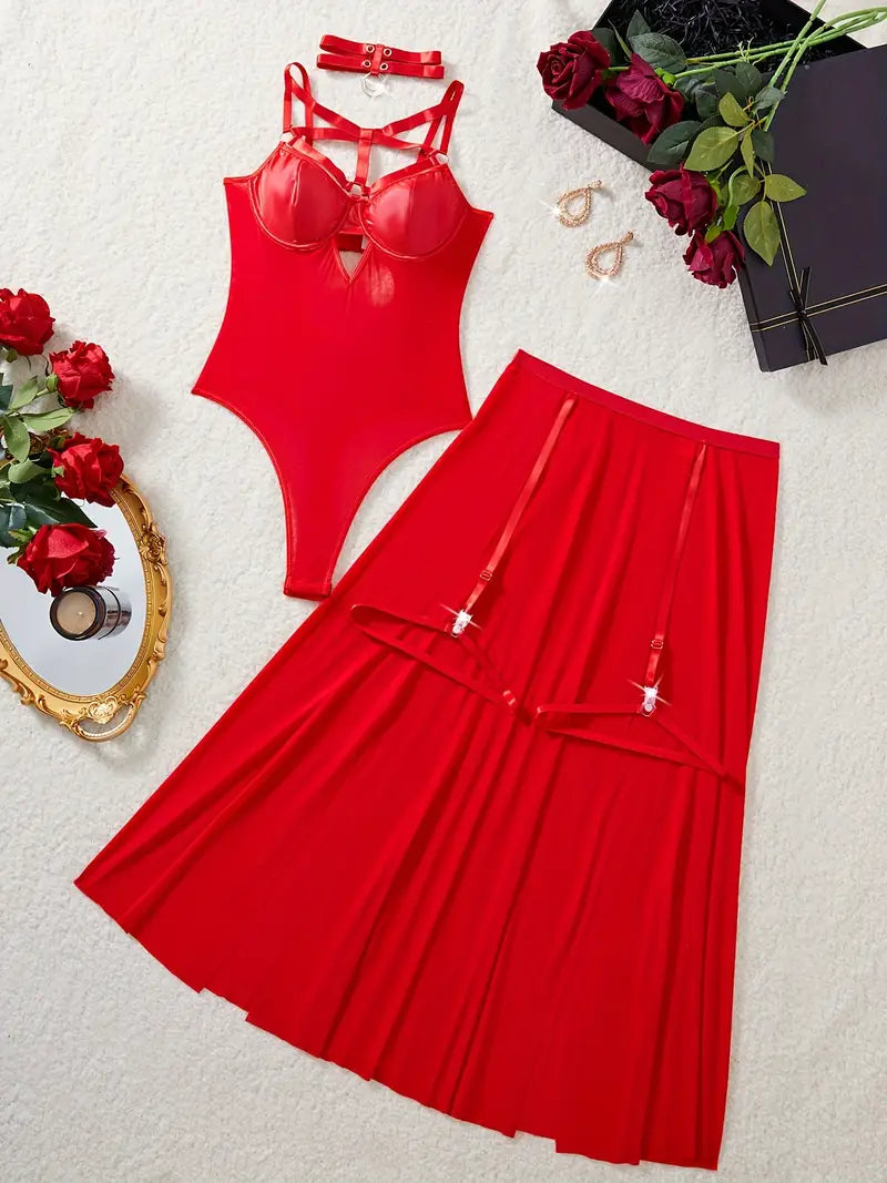 Red Bodysuit With Sheer Skirt