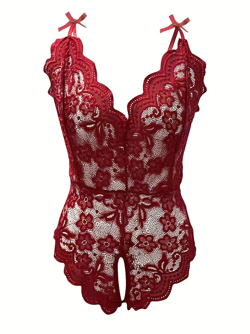 Red Crotchless One Piece Deep V Teddy Floral Lace