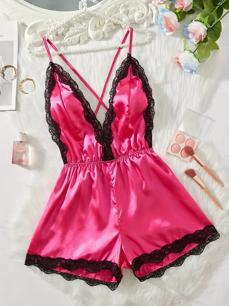 Satin Teddy Lingerie Lace Deep V Backless Sleeveless Romper Sleepwear