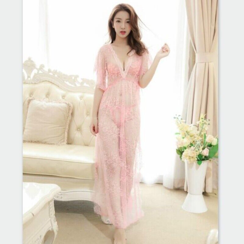 Women Floral Lace Nightgown Sheer See Through V Neck Night Dress Sleepwear Sexy